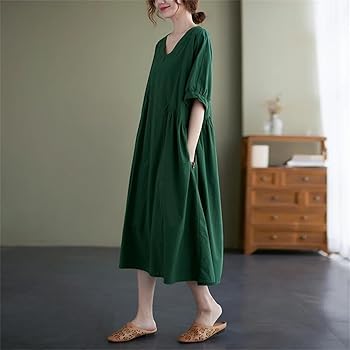 Short Sleeve Summer Dress V-Neck Soft Cotton Office Lady
